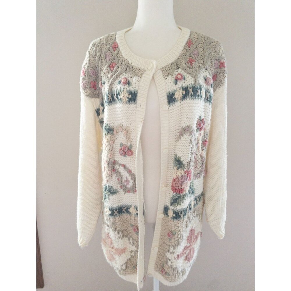 Classic Elements Cream Cardigan Sweater with Floral Design